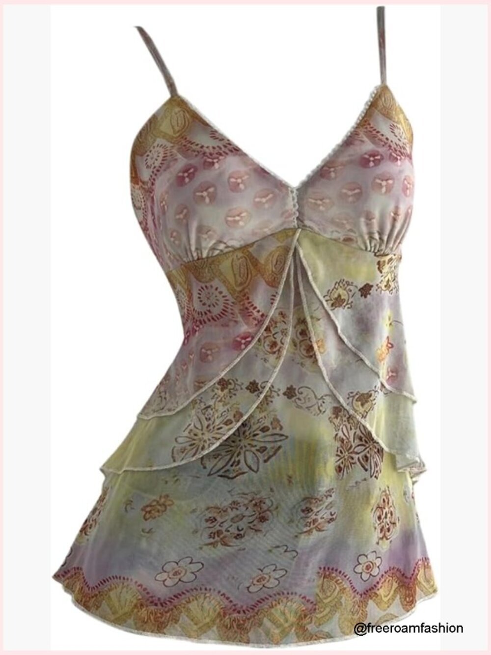 Floral Mesh Tank Top - Bohemian Cami with Ruffle Trim